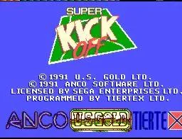 Pantalla de crèdits de Super Kick-Off amb U.S. Gold, Anco, Tiertex i Sega Enterprises.