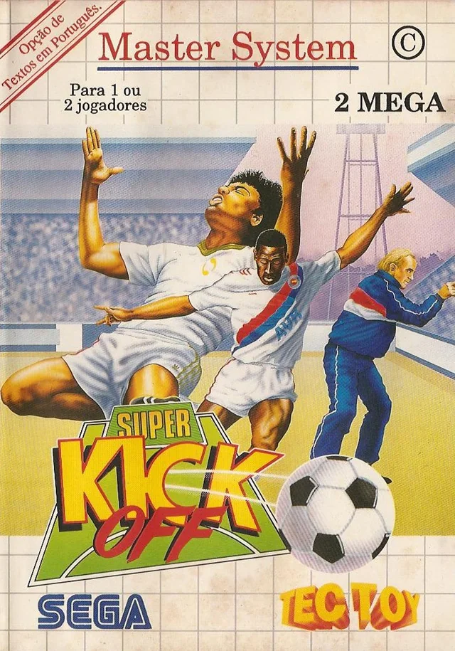 Caràtula frontal brasilera de Super Kick-Off amb els logotips de Sega i Tec Toy i textos en portuguès.