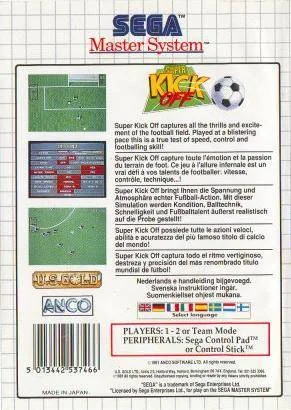 Contracoberta europea de Super Kick-Off per a Sega Master System, amb captures i textos multilingües.