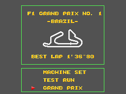 Menú del primer Grand Prix de Super Monaco GP al Brasil, amb el mapa i les opcions Machine Set, Test Run i Grand Prix.