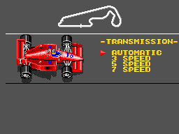 Pantalla Machine Set de Super Monaco GP amb transmissió automàtica i caixes manuals de tres, cinc i set velocitats.