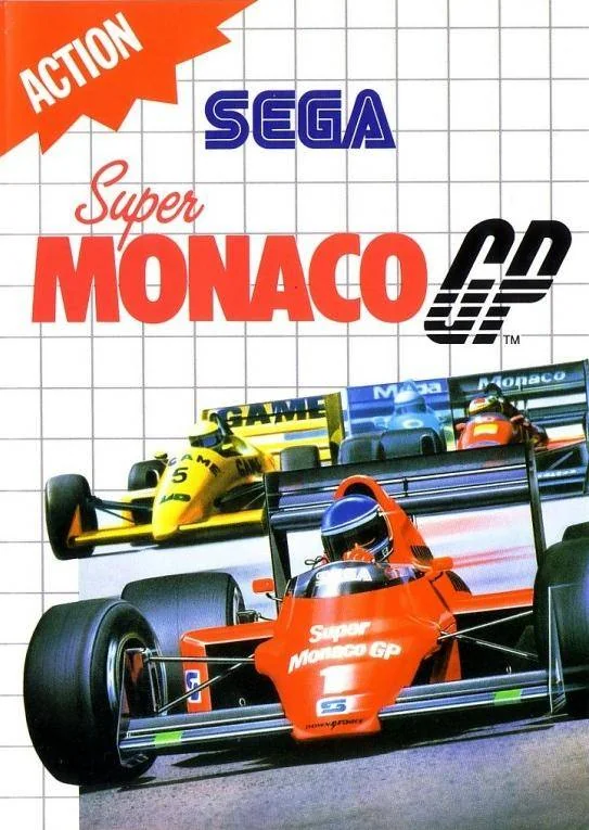 Caràtula europea de Super Monaco GP per a Sega Master System, amb tres monoplaces sobre una graella blanca.