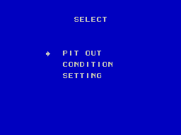 Menú de boxes amb les opcions PIT OUT, CONDITION i SETTING.