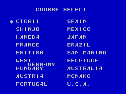 Menú COURSE SELECT amb divuit circuits repartits en dues columnes.