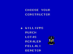 Pantalla de selecció amb sis constructors i la silueta d’un monoplaça.
