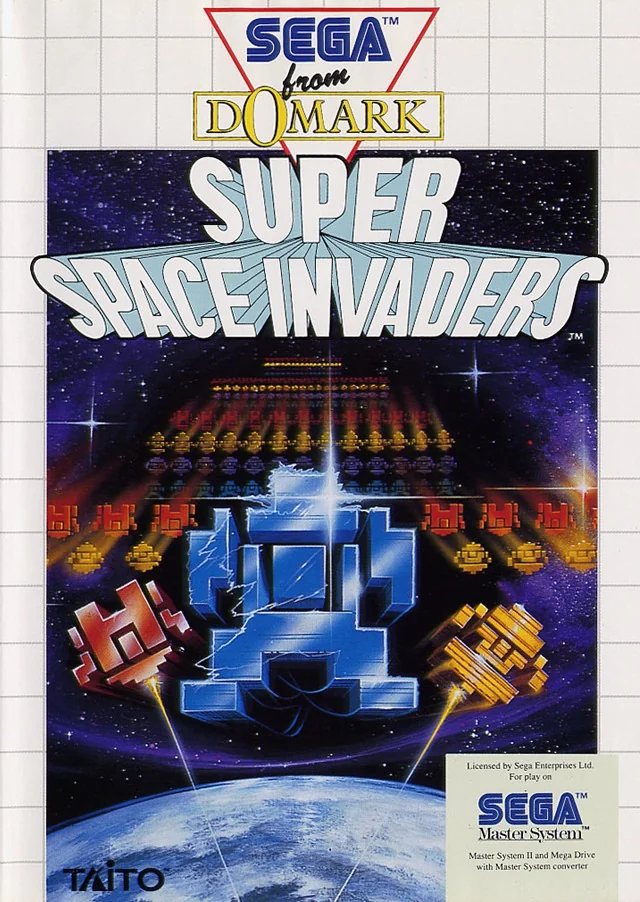 Portada europea de Super Space Invaders per a Sega Master System, amb invasors i tres naus sobre la Terra.