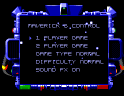 Menú Maverick’s Control amb selectors de jugadors, tipus de partida, dificultat i efectes de so.