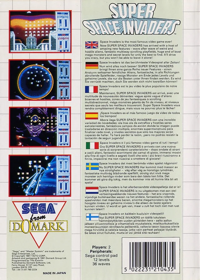 Contraportada europea de Super Space Invaders per a Sega Master System, amb quatre captures i textos multilingües.