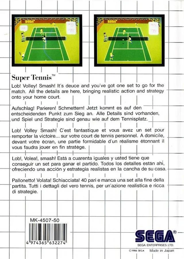 Contraportada europea de Super Tennis en format cartutx, amb dues captures i text en cinc idiomes.