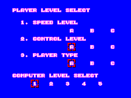 Pantalla d’opcions de Super Tennis amb velocitat, control, tipus de jugador i nivell de l’ordinador.
