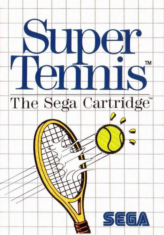 Portada europea de Super Tennis per a Sega Master System, amb una raqueta colpejant una pilota.