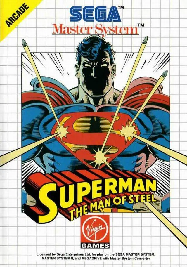 Coberta frontal europea de Superman: The Man of Steel per a Sega Master System, on diversos projectils impacten contra Superman.