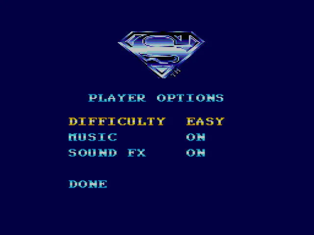 Menú d’opcions de Superman: The Man of Steel amb dificultat, música i efectes de so.