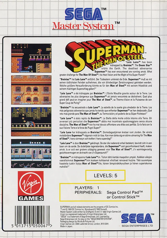 Contracoberta europea de Superman: The Man of Steel per a Sega Master System, amb quatre captures i text multilingüe.