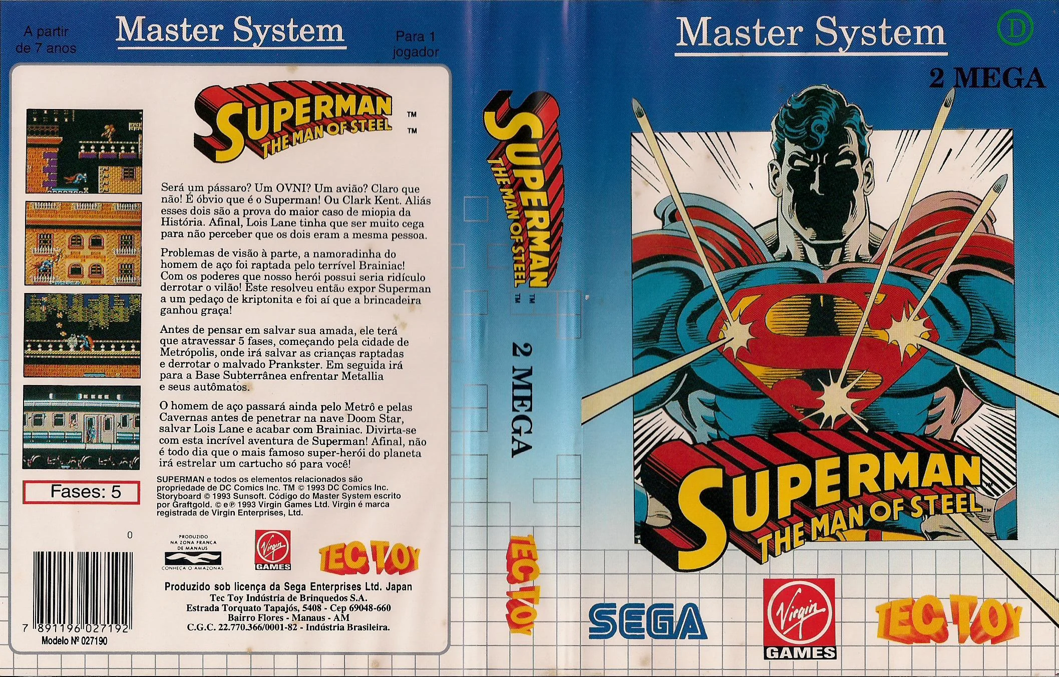 Coberta brasilera desplegada de Superman: The Man of Steel, amb frontal, llom, captures i text portuguès.