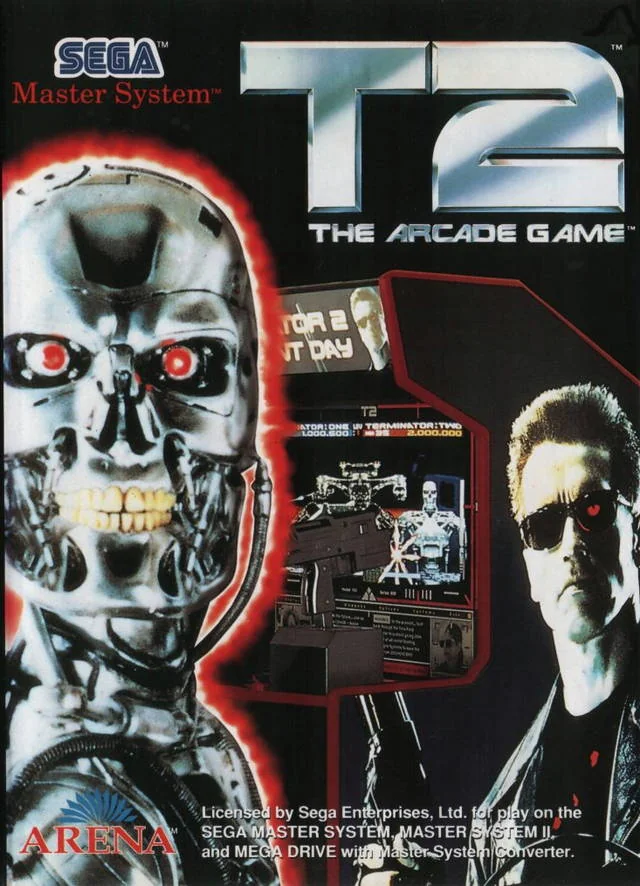 Portada europea de T2: The Arcade Game per a Sega Master System, amb el Terminator, un endoesquelet i una recreativa.