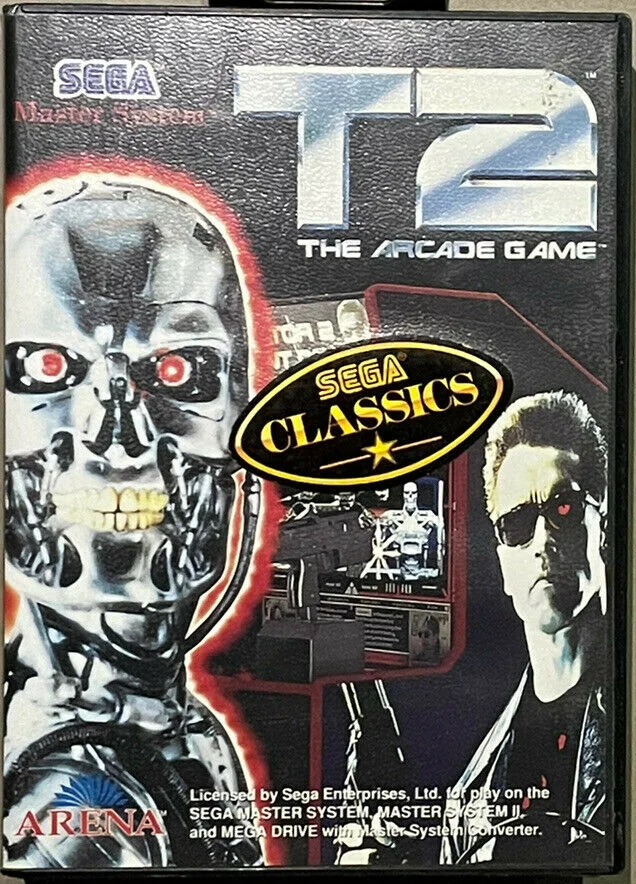 Portada australiana Sega Classics de T2: The Arcade Game, amb un endoesquelet, una recreativa i el Terminator.