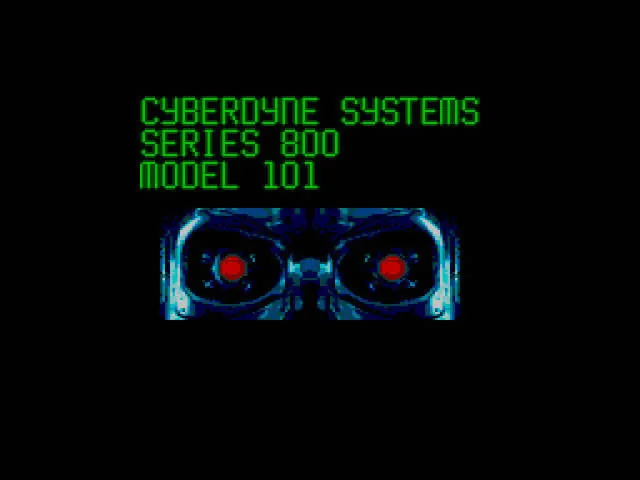 Ulls vermells de l’endoesquelet sota el text Cyberdyne Systems Series 800 Model 101 durant la introducció.