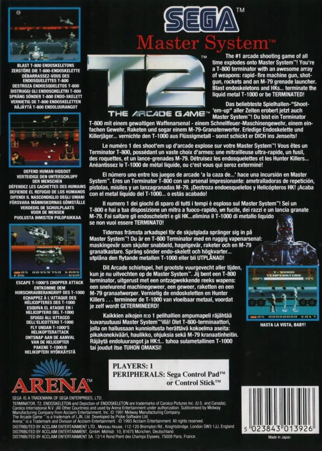 Contraportada europea de T2: The Arcade Game per a Sega Master System, amb textos multilingües i captures del joc.