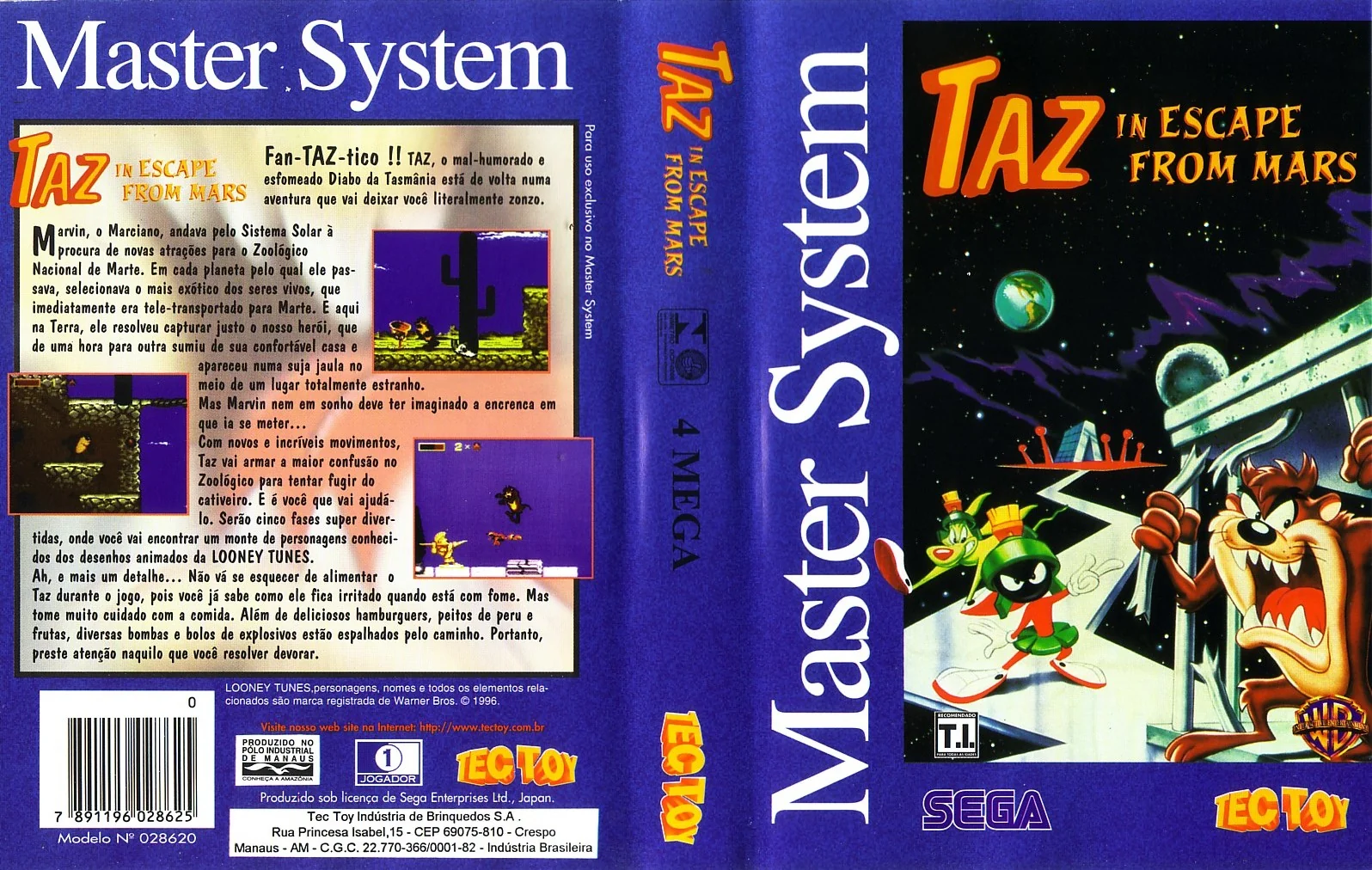 Coberta brasilera completa de Taz in Escape from Mars, amb contraportada, llom i portada