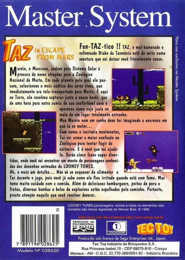 Contraportada brasilera de Taz in Escape from Mars per a Sega Master System, amb text en portuguès i tres captures del joc