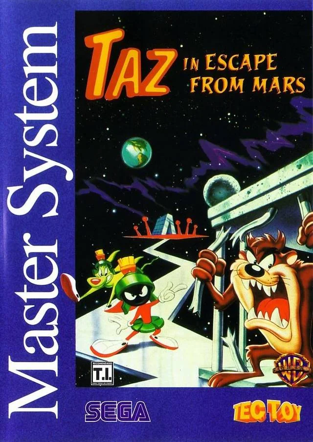 Portada brasilera de Taz in Escape from Mars per a Sega Master System, amb Taz, Marvin el Marcià i K-9