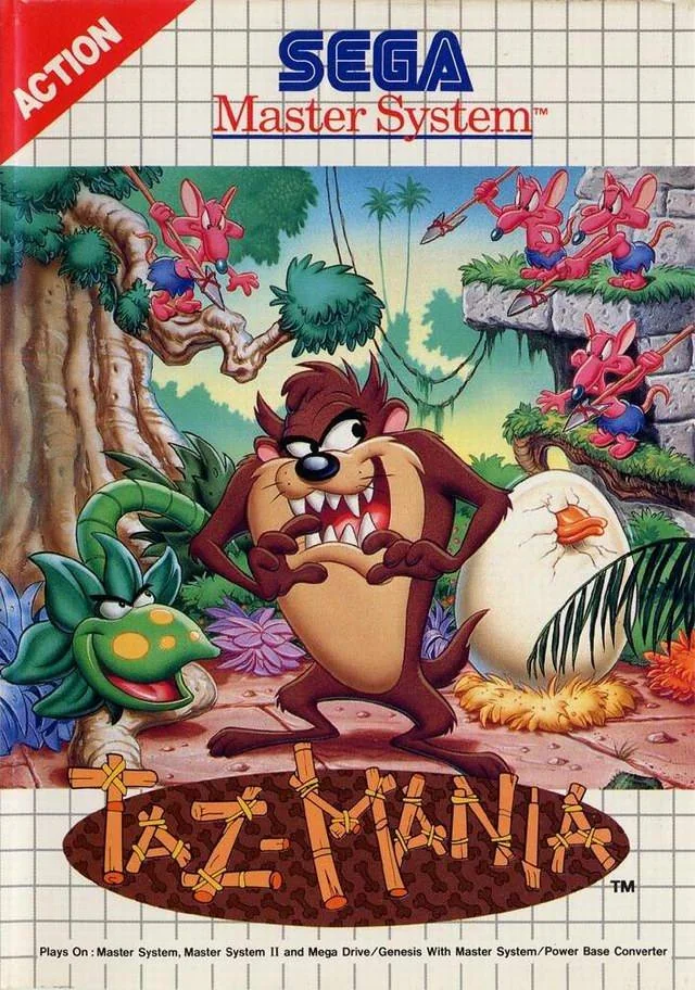 Portada europea de Taz-Mania per a Sega Master System, amb Taz davant d’un ou gegant.