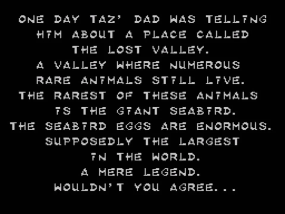 Pantalla narrativa amb text sobre la Vall Perduda, l’ocell marí gegant i els seus ous.