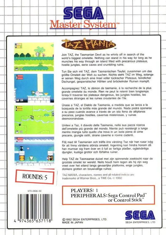 Contraportada europea de Taz-Mania per a Sega Master System, amb quatre captures i text multilingüe.