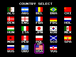 Pantalla de selecció de país de Tecmo World Cup '93 amb 24 banderes i abreviatures.
