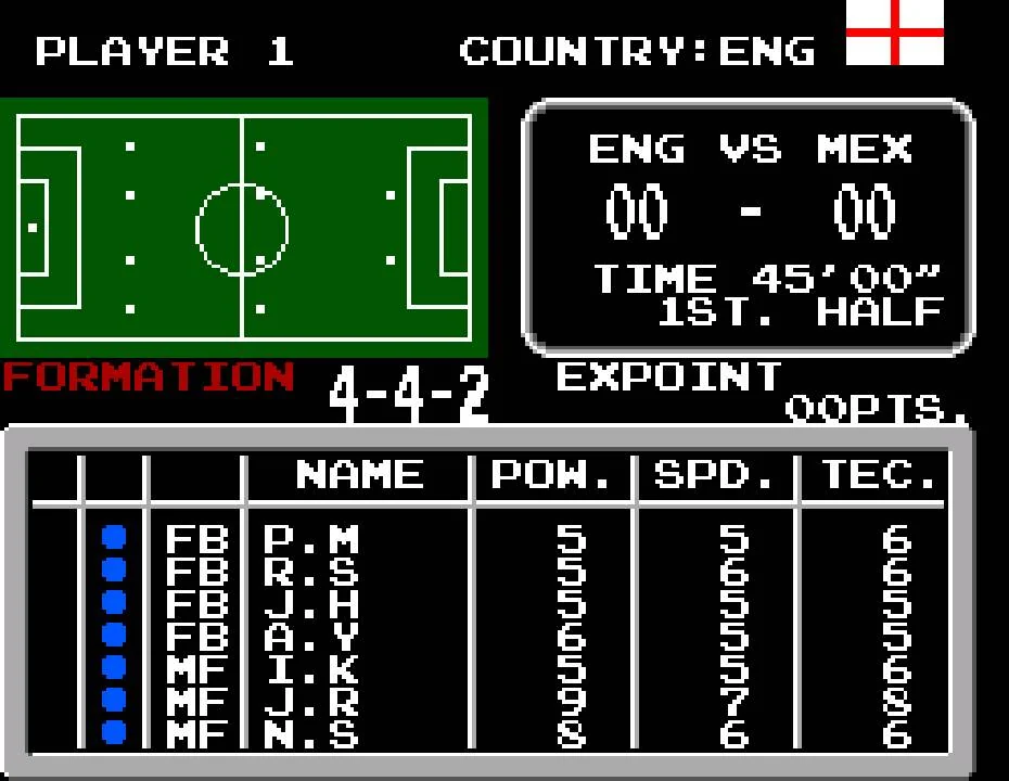 Pantalla de formació de Tecmo World Cup '93 amb l’esquema 4-4-2, la plantilla i els atributs.