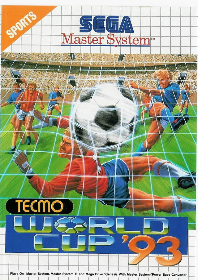 Portada frontal europea de Tecmo World Cup '93 per a Sega Master System, il·lustrada amb un xut davant la porteria.