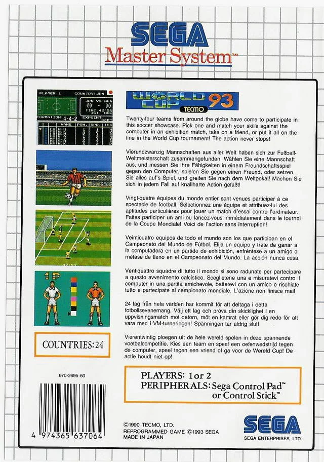 Contraportada europea de Tecmo World Cup '93 per a Sega Master System, amb textos multilingües i captures del joc.