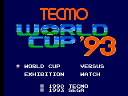 Menú principal de Tecmo World Cup '93 amb World Cup, Versus, Exhibition i Watch.