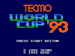 Pantalla de títol de Tecmo World Cup '93 amb el logotip i les marques de Tecmo i Sega.