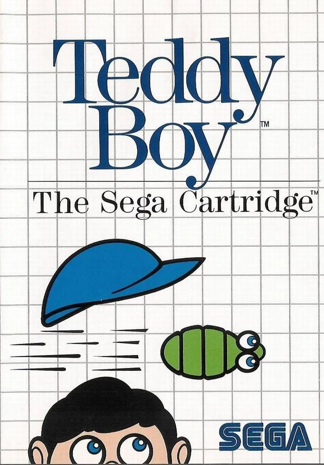 Portada europea de Teddy Boy per a Sega Master System, amb el protagonista, una gorra blava i una criatura verda.