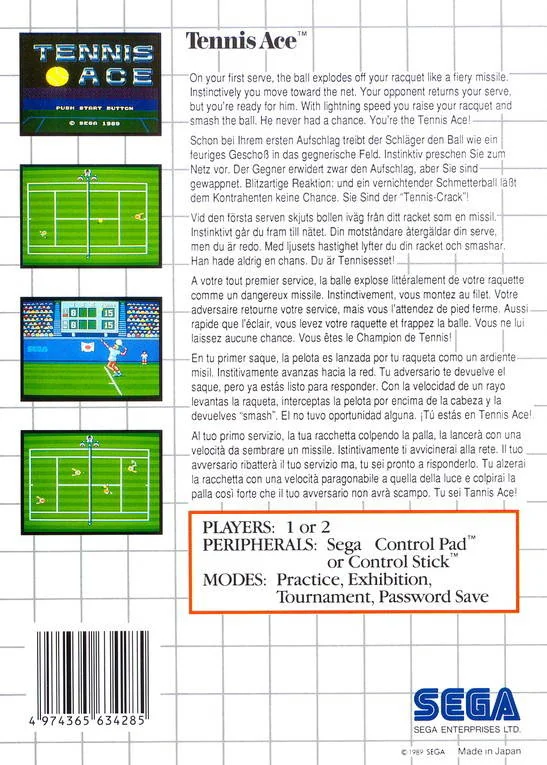 Contracoberta europea de Tennis Ace amb text multilingüe, quatre captures i informació sobre els modes.