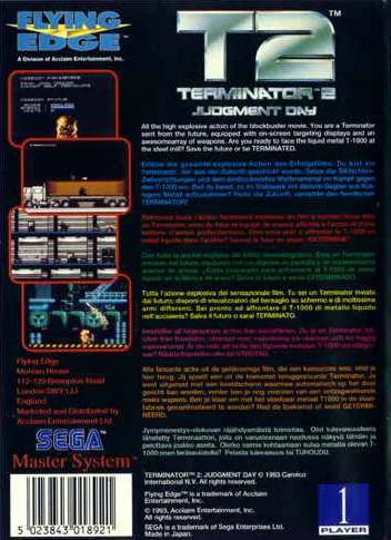 Contraportada europea de Terminator 2: Judgment Day per a Sega Master System, amb captures, descripció multilingüe i codi de barres.
