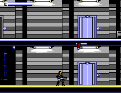 El T-800 recorre l’interior de Cyberdyne, organitzat en dues plantes amb ascensors i passadissos nus.