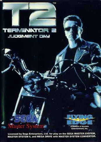 Portada frontal europea de Terminator 2: Judgment Day per a Sega Master System, amb el T-800 sobre una motocicleta.