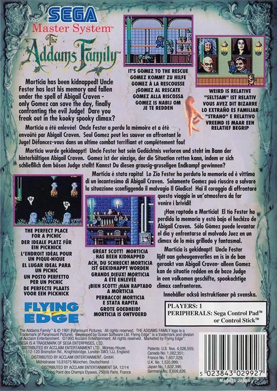 Contraportada europea de The Addams Family per a Sega Master System, amb captures, textos multilingües i el codi de barres.
