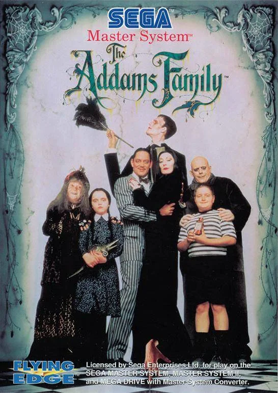Portada frontal europea de The Addams Family per a Sega Master System, amb una fotografia dels membres de la família.