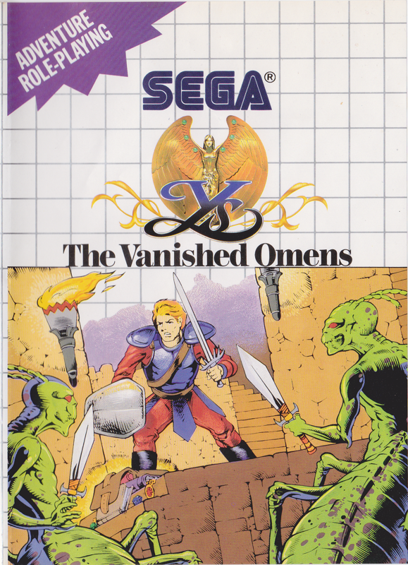 Portada nord-americana de Ys: The Vanished Omens per a Sega Master System, amb l’heroi envoltat de criatures verdes.