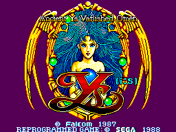 Pantalla de títol de Ys: The Vanished Omens amb el logotip, una figura alada i les marques de Falcom i Sega.