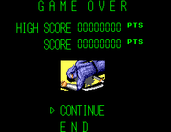 Pantalla de GAME OVER amb la puntuació i les opcions CONTINUE i END.
