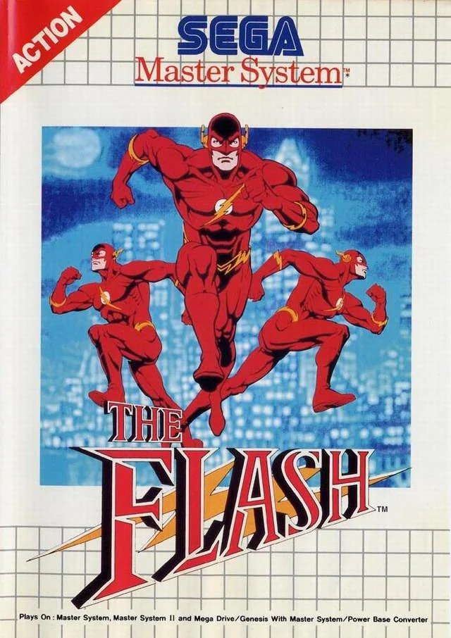 Portada europea de The Flash per a Sega Master System, amb tres figures del superheroi corrent sobre una ciutat.
