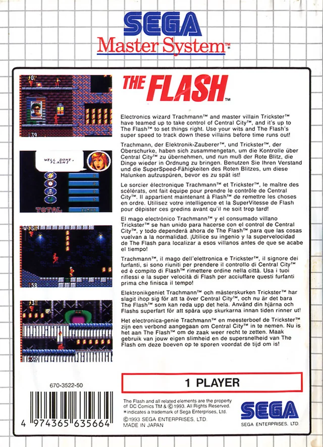 Contraportada europea de The Flash per a Sega Master System, amb quatre captures i text multilingüe.