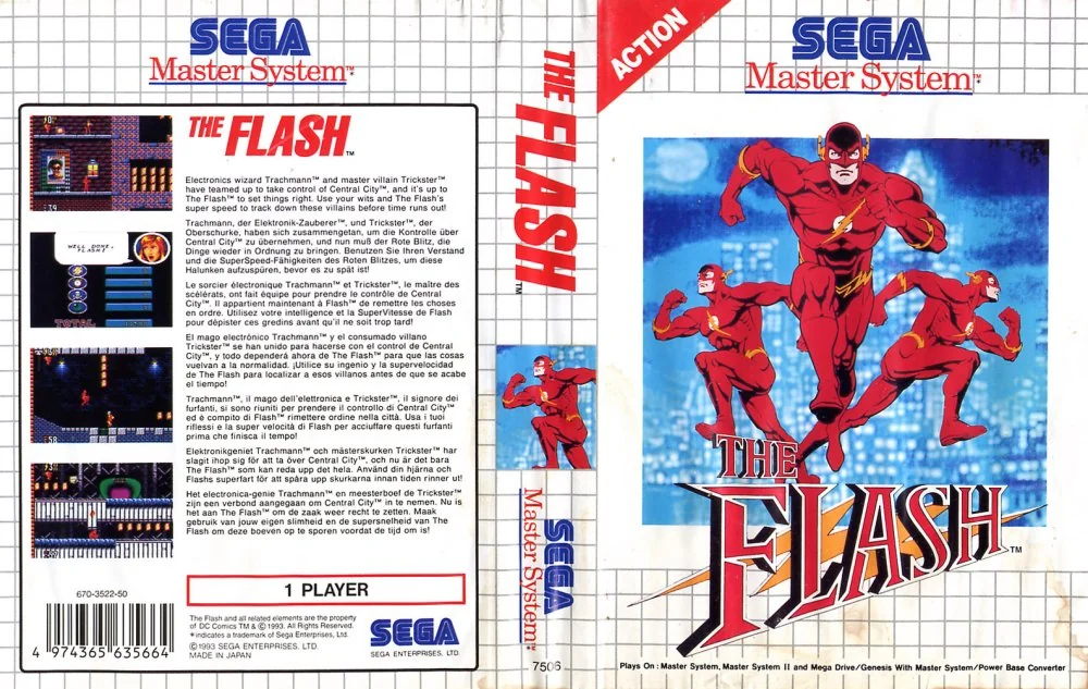Caràtula europea desplegada de The Flash amb portada, llom i contraportada multilingüe.