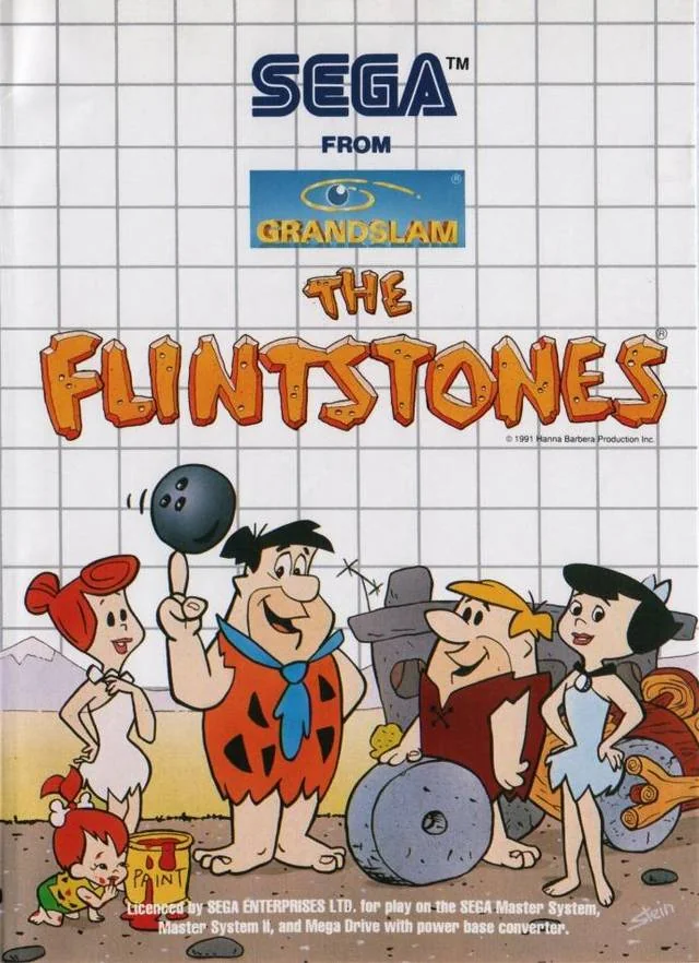Portada europea de The Flintstones per a Sega Master System amb Fred, Wilma, Barney, Betty i Pebbles.