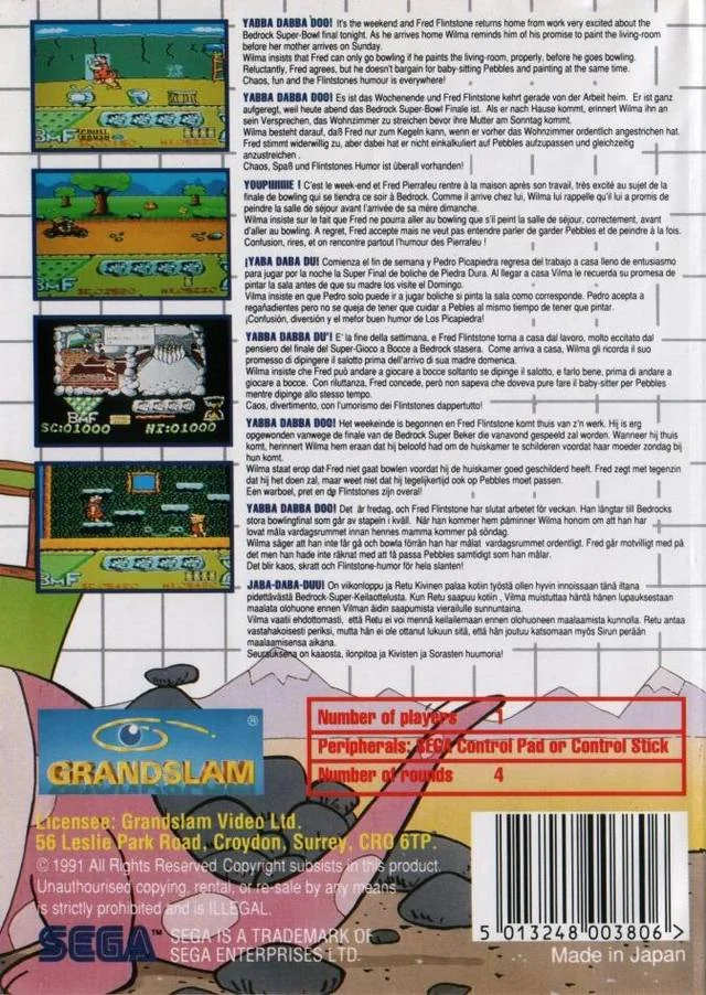 Contraportada europea de The Flintstones per a Sega Master System, amb quatre captures i textos multilingües.